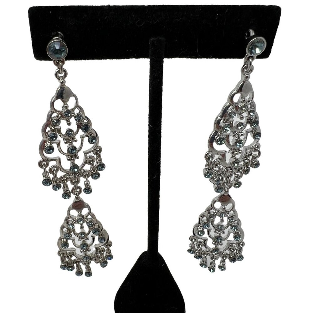 Womens Chandelier Earrings Silver Tone Filigree Dangle Rhinestone‎ Drop CN
